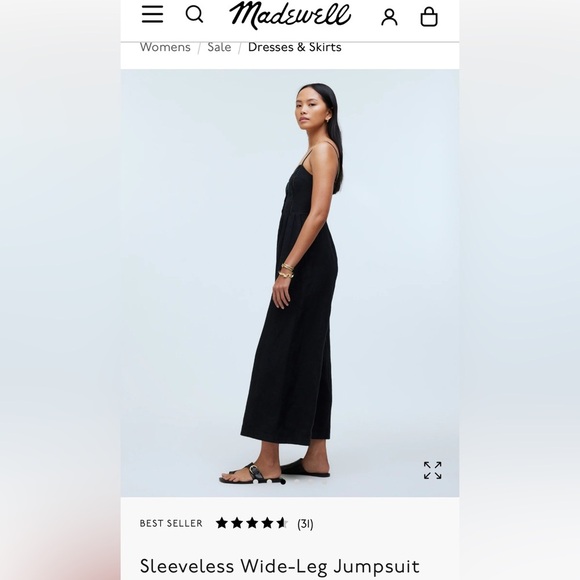 Madewell Sleeveless Wide Leg Black Linen Jumpsuit. Shirred elastic back. Pockets - Picture 4 of 16